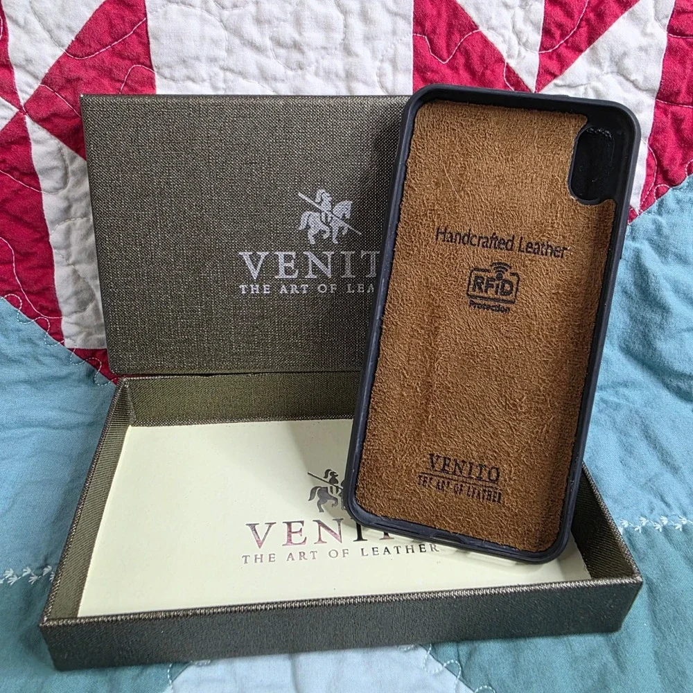 Venito Verona Wallet Case for iPhone XS Max Rustic Black Leather RFID Protection